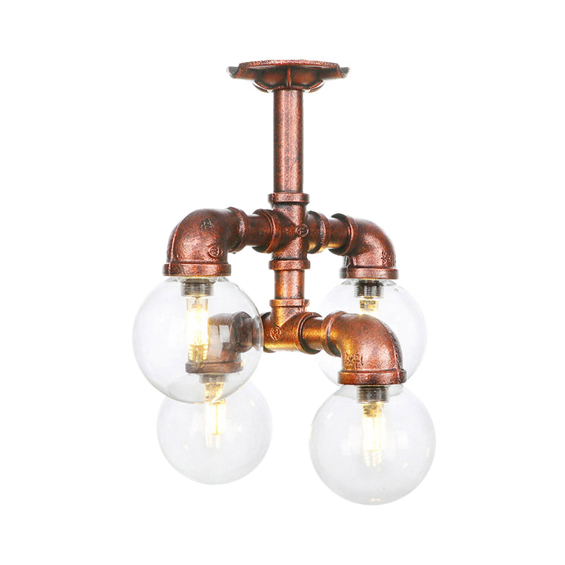 Clear Glass Semi-Flush Ceiling Light with Ball Design - Farmhouse Style, Copper Finish - Restaurant Flushmount Lamp (4/5/6 Heads)