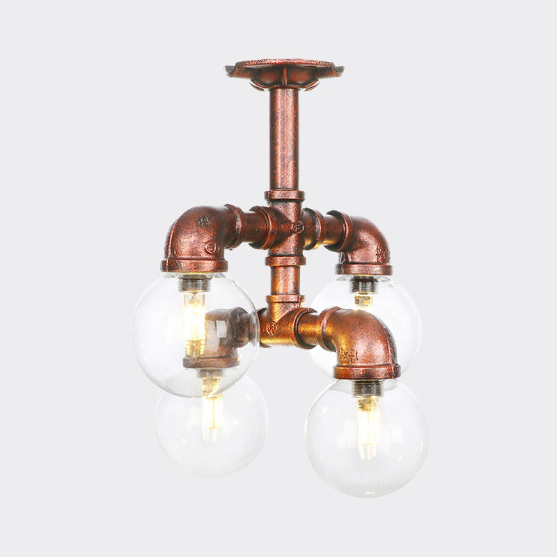 Clear Glass Semi-Flush Ceiling Light with Ball Design - Farmhouse Style, Copper Finish - Restaurant Flushmount Lamp (4/5/6 Heads)