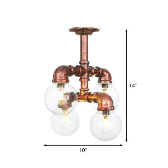 Clear Glass Semi-Flush Ceiling Light with Ball Design - Farmhouse Style, Copper Finish - Restaurant Flushmount Lamp (4/5/6 Heads)