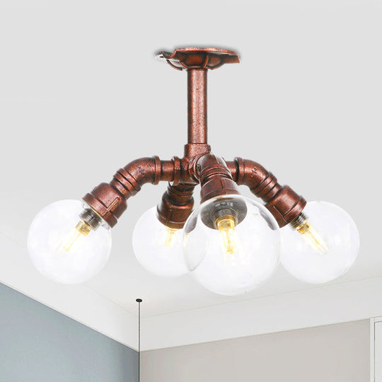 Clear Glass Semi-Flush Ceiling Light with Ball Design - Farmhouse Style, Copper Finish - Restaurant Flushmount Lamp (4/5/6 Heads)