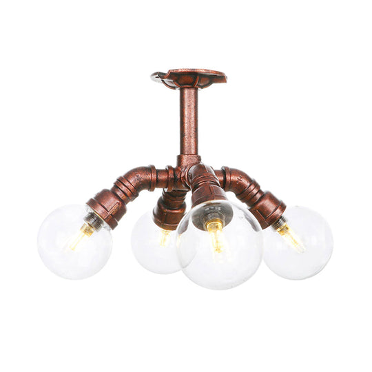 Clear Glass Semi-Flush Ceiling Light with Ball Design - Farmhouse Style, Copper Finish - Restaurant Flushmount Lamp (4/5/6 Heads)