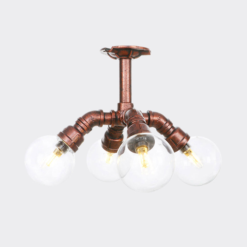 Clear Glass Semi-Flush Ceiling Light with Ball Design - Farmhouse Style, Copper Finish - Restaurant Flushmount Lamp (4/5/6 Heads)