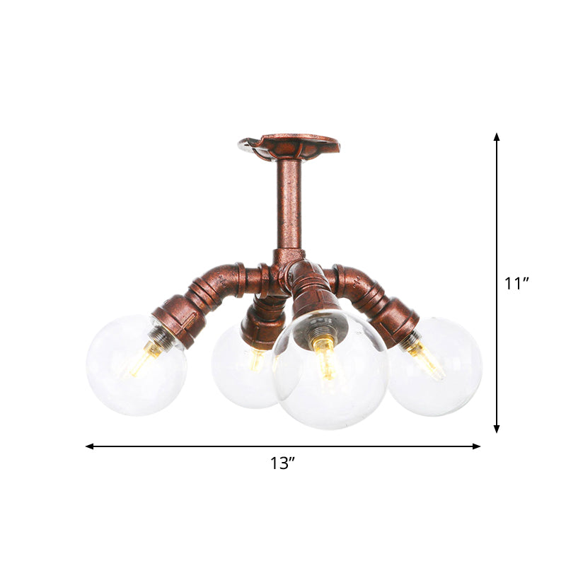 Clear Glass Semi-Flush Ceiling Light with Ball Design - Farmhouse Style, Copper Finish - Restaurant Flushmount Lamp (4/5/6 Heads)