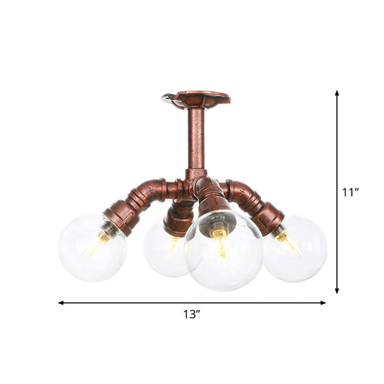 Clear Glass Semi-Flush Ceiling Light with Ball Design - Farmhouse Style, Copper Finish - Restaurant Flushmount Lamp (4/5/6 Heads)