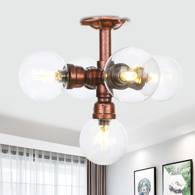 Clear Glass Semi-Flush Ceiling Light with Ball Design - Farmhouse Style, Copper Finish - Restaurant Flushmount Lamp (4/5/6 Heads)