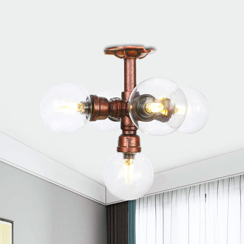 Clear Glass Semi-Flush Ceiling Light with Ball Design - Farmhouse Style, Copper Finish - Restaurant Flushmount Lamp (4/5/6 Heads)