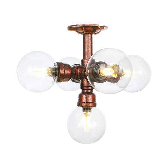 Clear Glass Semi-Flush Ceiling Light with Ball Design - Farmhouse Style, Copper Finish - Restaurant Flushmount Lamp (4/5/6 Heads)