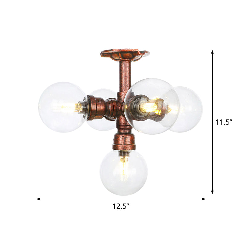 Clear Glass Semi-Flush Ceiling Light with Ball Design - Farmhouse Style, Copper Finish - Restaurant Flushmount Lamp (4/5/6 Heads)