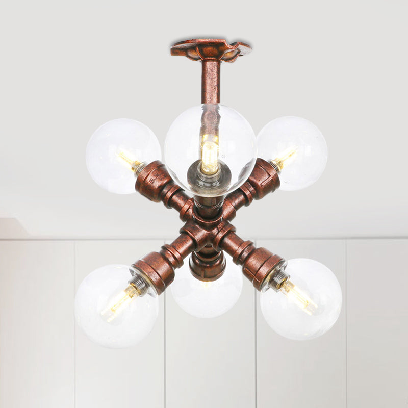 Clear Glass Semi-Flush Ceiling Light with Ball Design - Farmhouse Style, Copper Finish - Restaurant Flushmount Lamp (4/5/6 Heads)