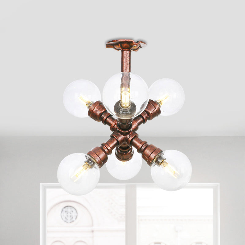 Clear Glass Semi-Flush Ceiling Light with Ball Design - Farmhouse Style, Copper Finish - Restaurant Flushmount Lamp (4/5/6 Heads)