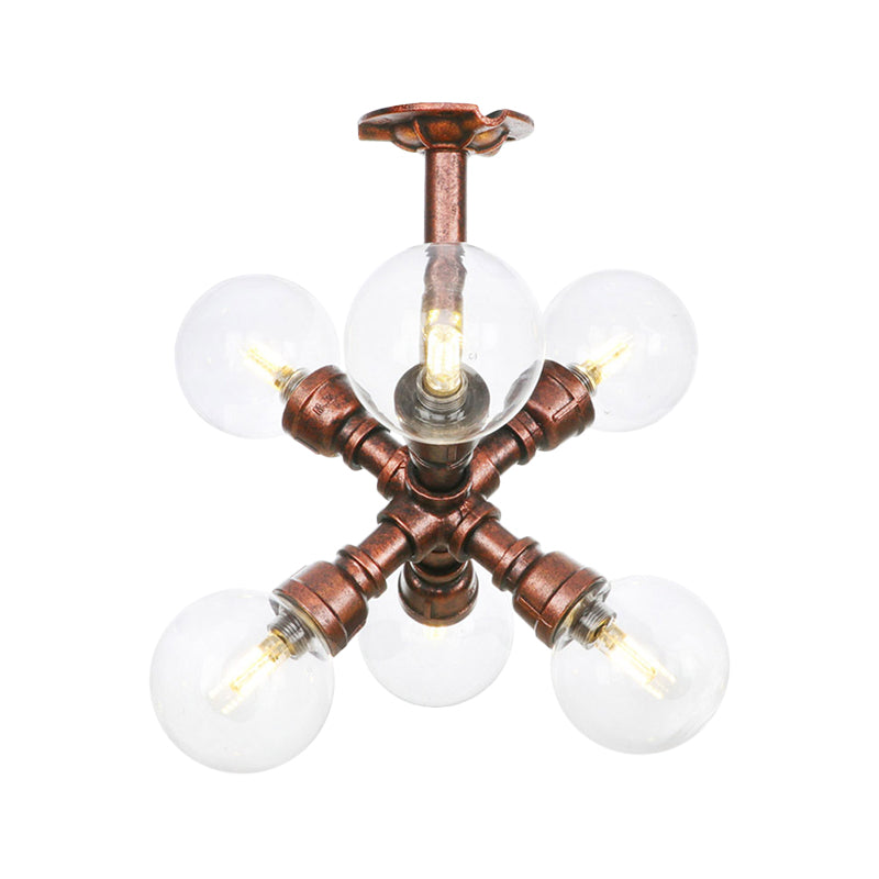 Clear Glass Semi-Flush Ceiling Light with Ball Design - Farmhouse Style, Copper Finish - Restaurant Flushmount Lamp (4/5/6 Heads)