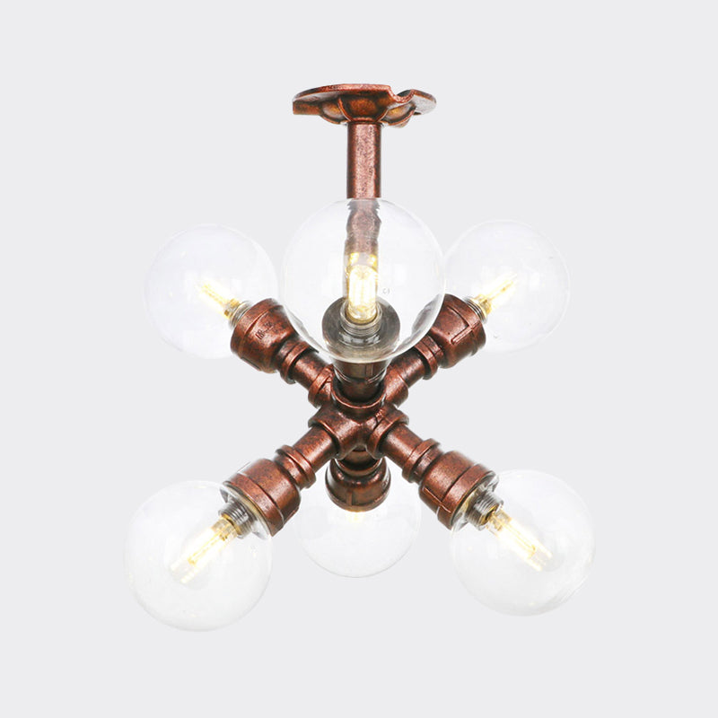 Clear Glass Semi-Flush Ceiling Light with Ball Design - Farmhouse Style, Copper Finish - Restaurant Flushmount Lamp (4/5/6 Heads)