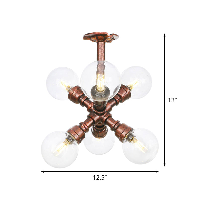 Clear Glass Semi-Flush Ceiling Light with Ball Design - Farmhouse Style, Copper Finish - Restaurant Flushmount Lamp (4/5/6 Heads)