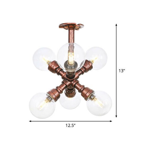 Clear Glass Semi-Flush Ceiling Light with Ball Design - Farmhouse Style, Copper Finish - Restaurant Flushmount Lamp (4/5/6 Heads)