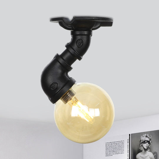 Vintage Black 1-Light Ball Semi Flush Mount Ceiling Lamp with Amber Glass Finish