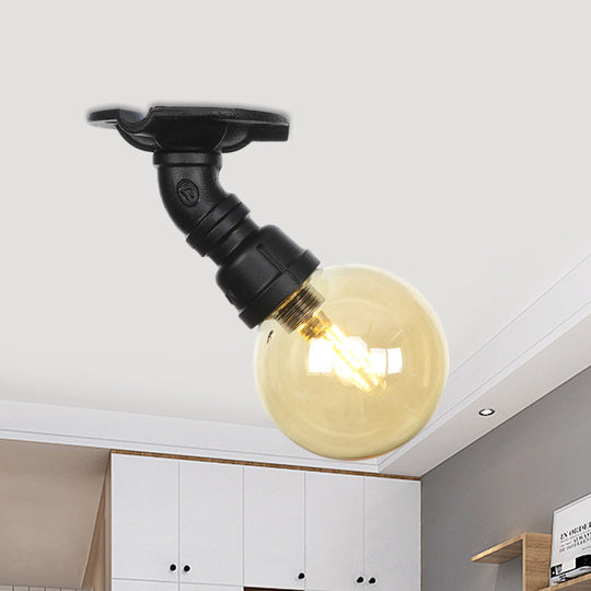 Amber Glass Semi Flush Industrial Ceiling Lamp - Global Black Finish