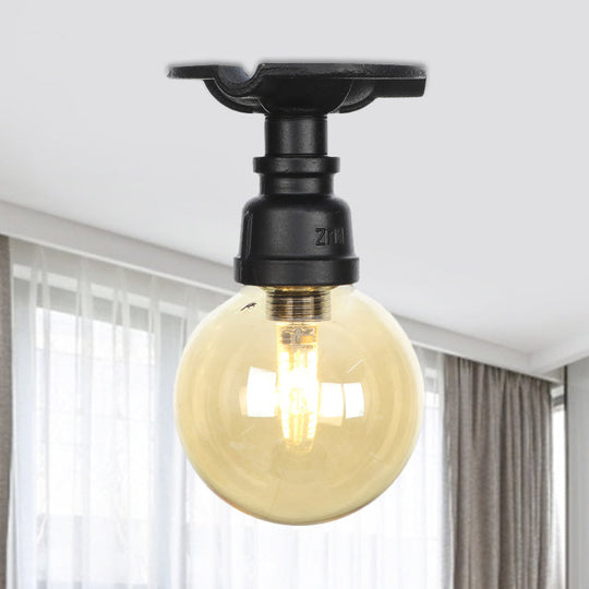 Amber Glass Semi Flush Industrial Ceiling Lamp - Global Black Finish