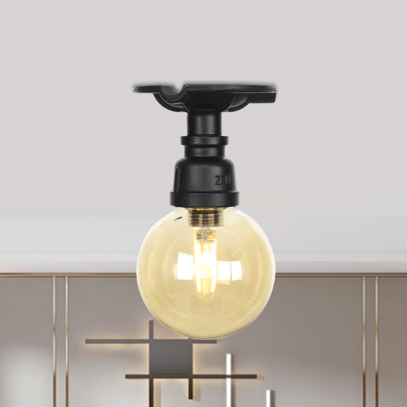 Amber Glass Semi Flush Industrial Ceiling Lamp - Global Black Finish