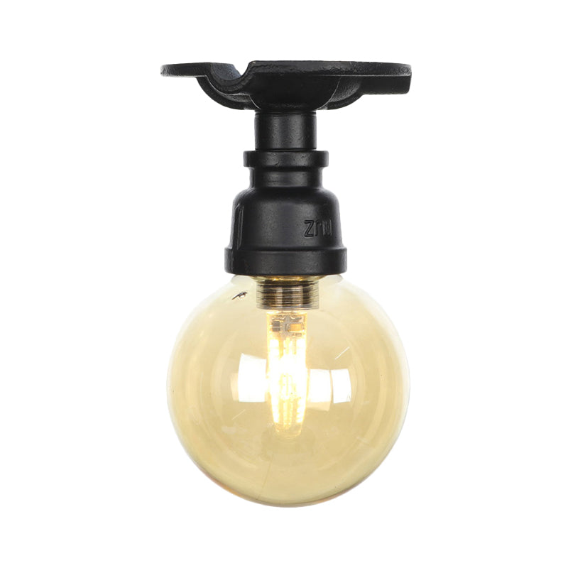 Amber Glass Semi Flush Industrial Ceiling Lamp - Global Black Finish