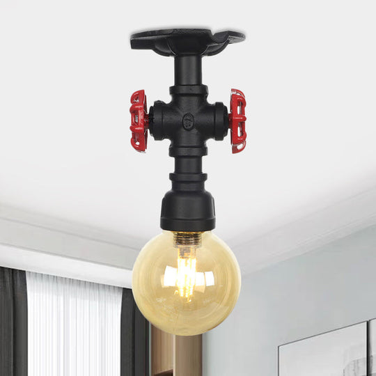 Amber Glass Semi Flush Industrial Ceiling Lamp - Global Black Finish