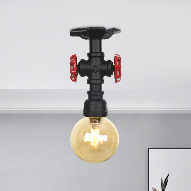 Amber Glass Semi Flush Industrial Ceiling Lamp - Global Black Finish