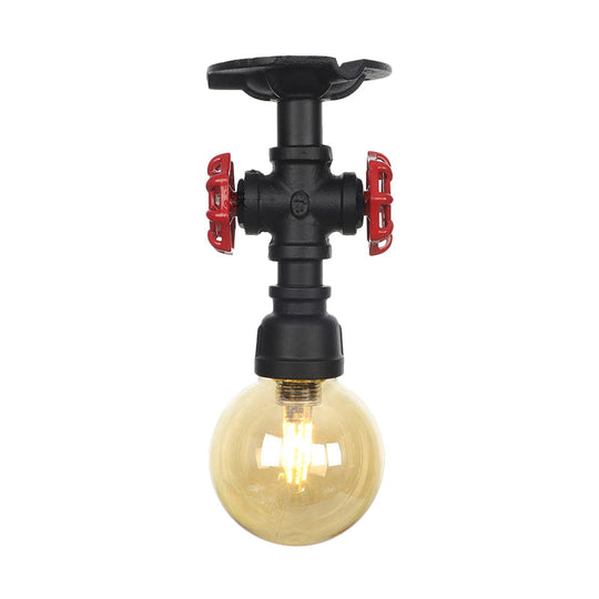 Amber Glass Semi Flush Industrial Ceiling Lamp - Global Black Finish