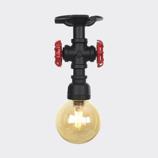 Amber Glass Semi Flush Industrial Ceiling Lamp - Global Black Finish