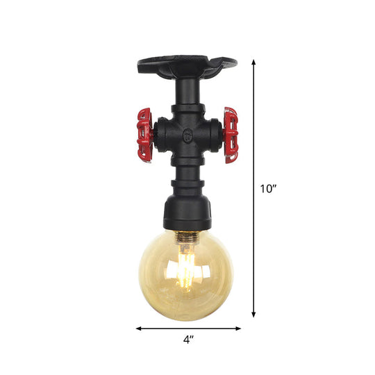 Amber Glass Semi Flush Industrial Ceiling Lamp - Global Black Finish