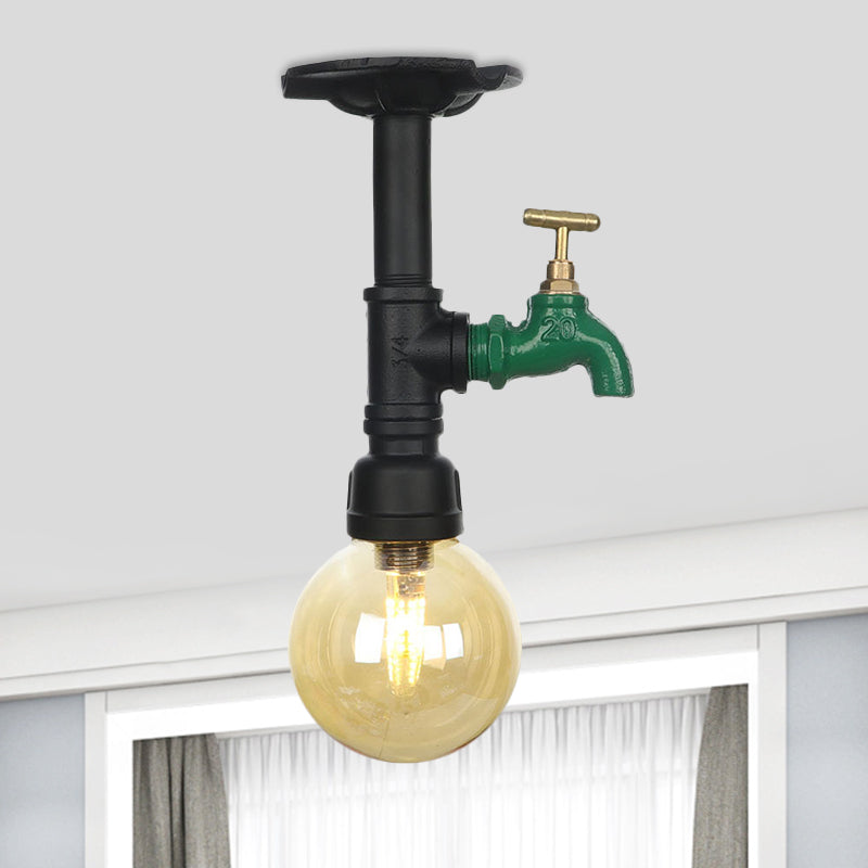 Amber Glass Semi Flush Industrial Ceiling Lamp - Global Black Finish