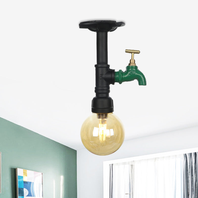 Amber Glass Semi Flush Industrial Ceiling Lamp - Global Black Finish