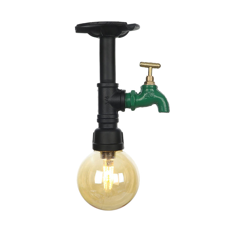 Amber Glass Semi Flush Industrial Ceiling Lamp - Global Black Finish