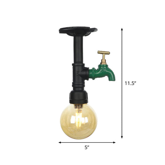 Amber Glass Semi Flush Industrial Ceiling Lamp - Global Black Finish