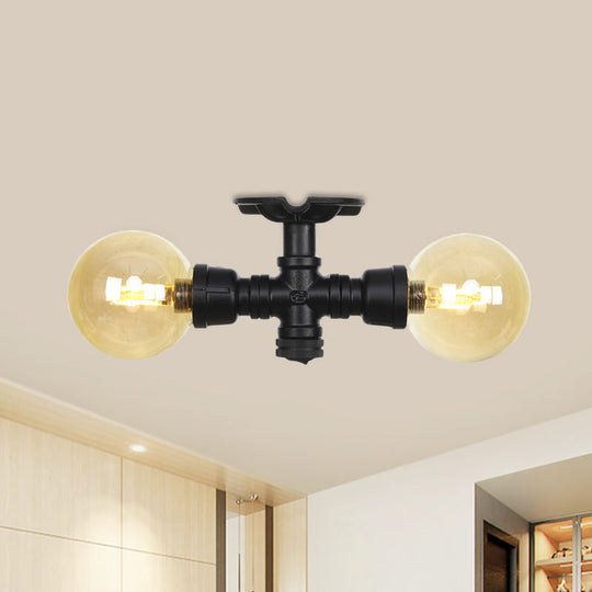 2-Light Amber Glass Semi Flush Antiqued Black Sphere Ceiling Lamp