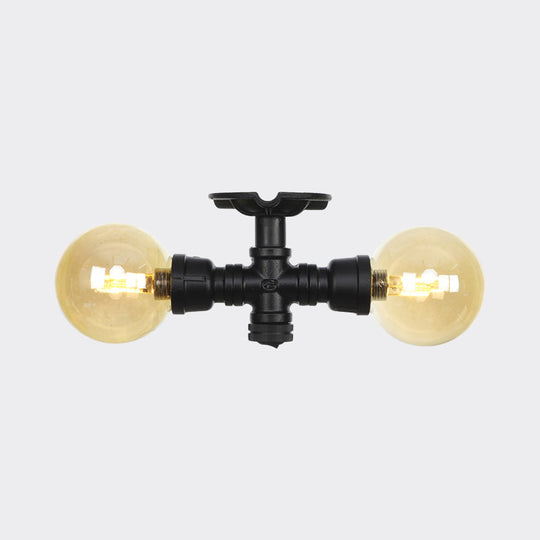 2-Light Amber Glass Semi Flush Antiqued Black Sphere Ceiling Lamp