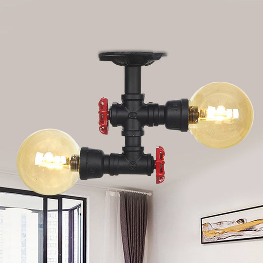 2-Light Amber Glass Semi Flush Antiqued Black Sphere Ceiling Lamp