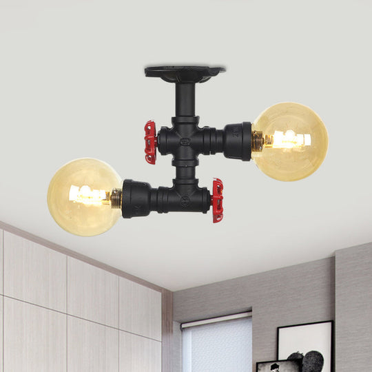 2-Light Amber Glass Semi Flush Antiqued Black Sphere Ceiling Lamp