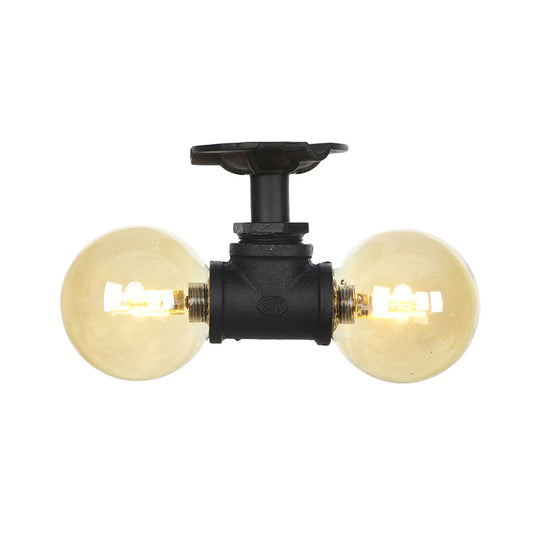 2-Light Amber Glass Semi Flush Antiqued Black Sphere Ceiling Lamp