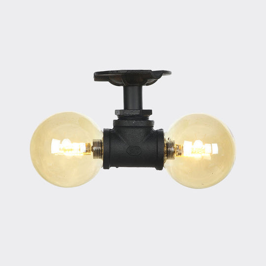 2-Light Amber Glass Semi Flush Antiqued Black Sphere Ceiling Lamp