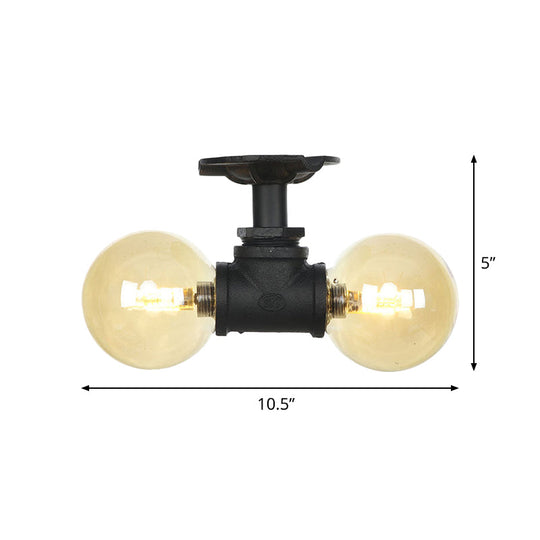 2-Light Amber Glass Semi Flush Antiqued Black Sphere Ceiling Lamp