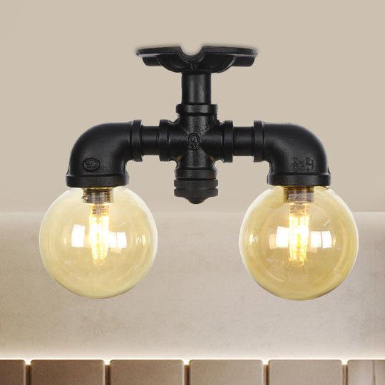 2-Light Amber Glass Semi Flush Antiqued Black Sphere Ceiling Lamp / D