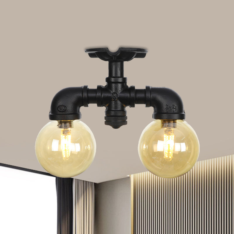 2-Light Amber Glass Semi Flush Antiqued Black Sphere Ceiling Lamp