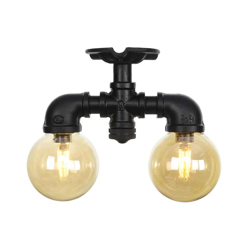 2-Light Amber Glass Semi Flush Antiqued Black Sphere Ceiling Lamp