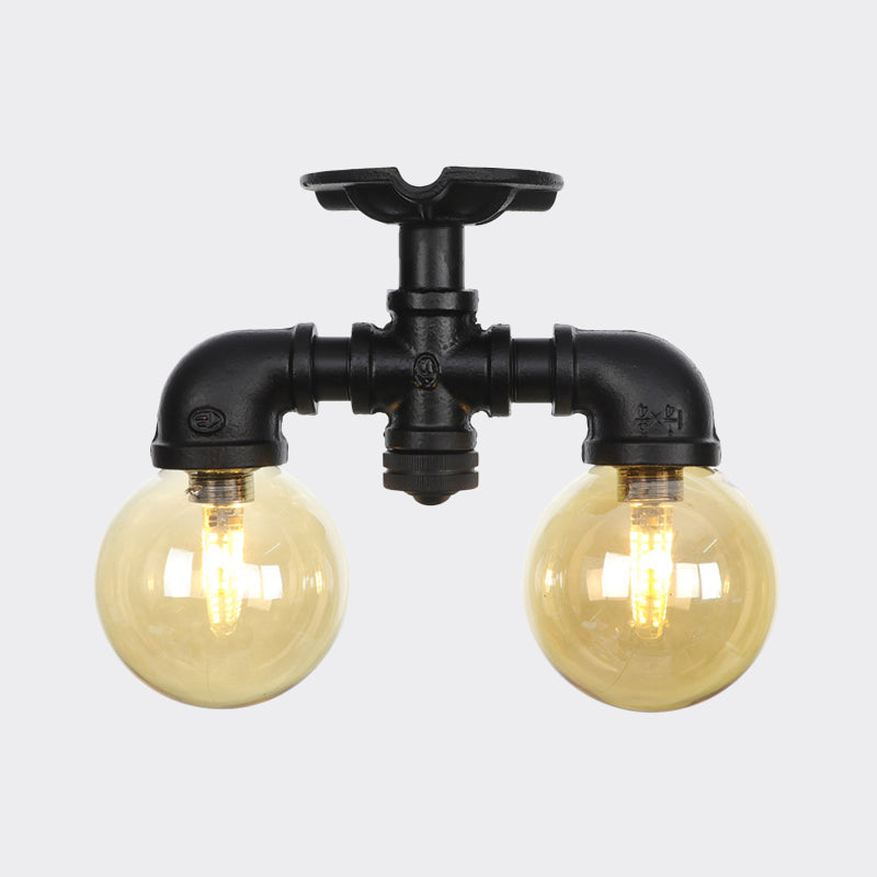 2-Light Amber Glass Semi Flush Antiqued Black Sphere Ceiling Lamp