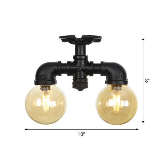 2-Light Amber Glass Semi Flush Antiqued Black Sphere Ceiling Lamp