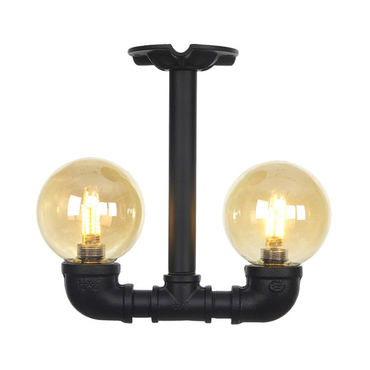 2-Head Semi-Flush Industrial Ball Amber Glass Ceiling Fixture in Black