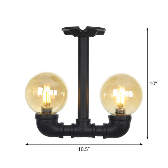 2-Head Semi-Flush Industrial Ball Amber Glass Ceiling Fixture in Black