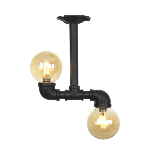 2-Head Semi-Flush Industrial Ball Amber Glass Ceiling Fixture in Black