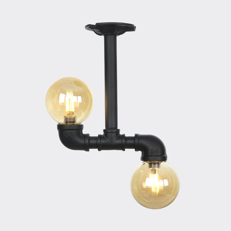 2-Head Semi-Flush Industrial Ball Amber Glass Ceiling Fixture in Black