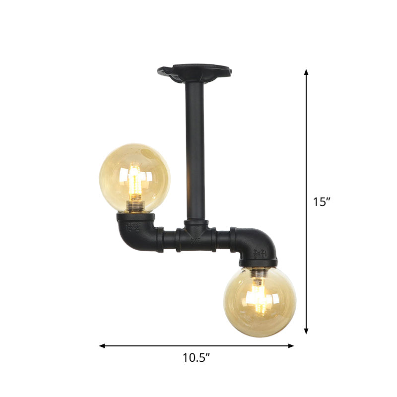 2-Head Semi-Flush Industrial Ball Amber Glass Ceiling Fixture in Black