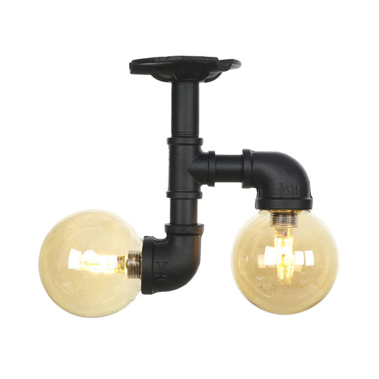 2-Head Semi-Flush Industrial Ball Amber Glass Ceiling Fixture in Black